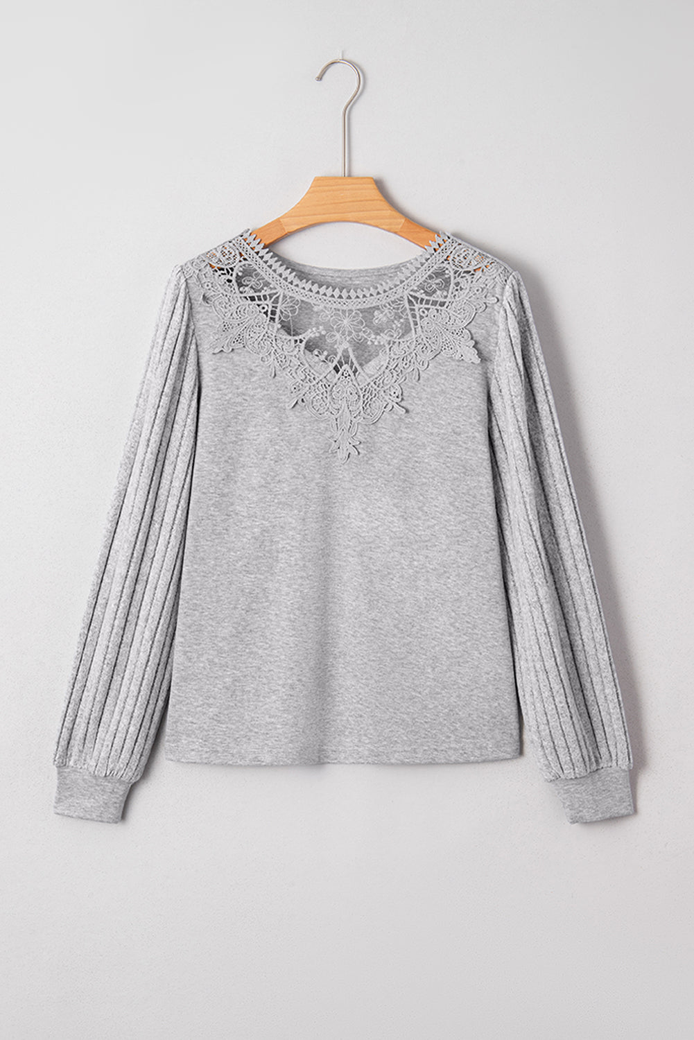 Gray Solid Lace Applique Round Neck Long Sleeve Top Long Sleeve Tops 7cc1acf2aaa8cccc