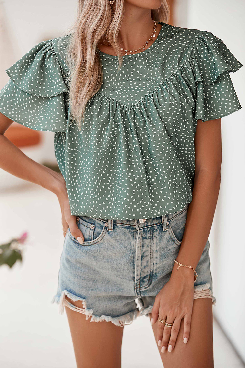 Laurel Green Spotted Print Pleated Ruffle Sleeve Blouse Blouses 7d07986e178f0ebf