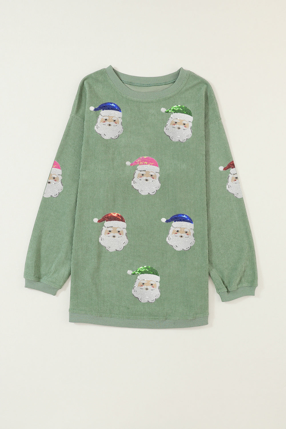Grass Green Corded Ribbed Santa Claus Graphic Sequins Patch Sweatshirt Graphic Sweatshirts 7d1fa08aa76c1006
