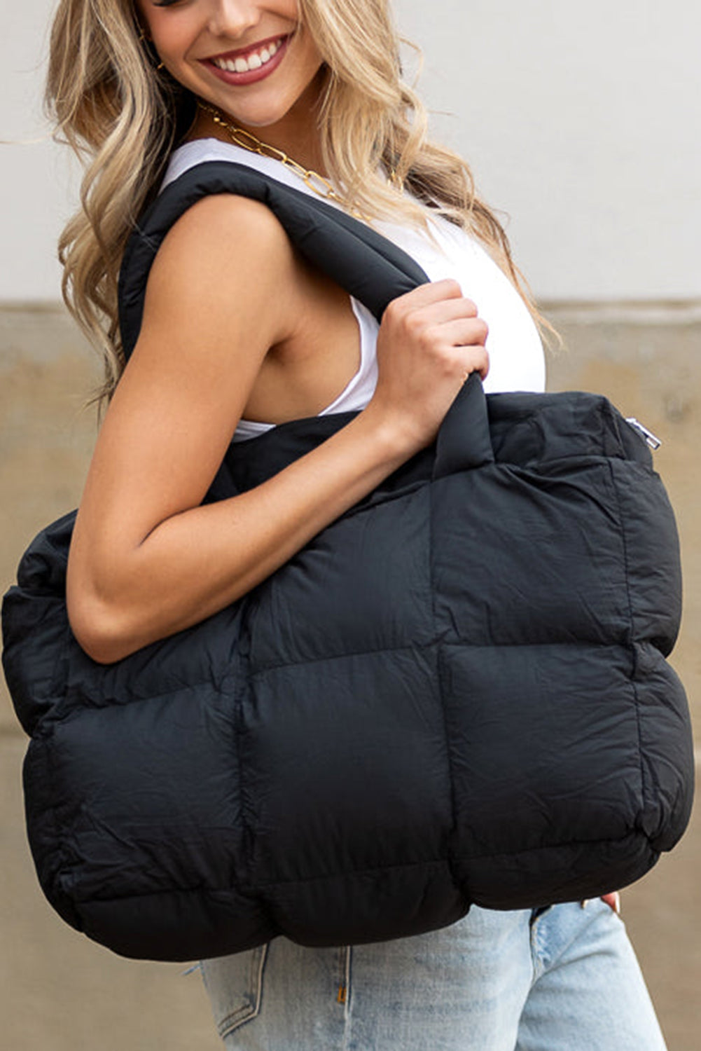 Black Solid Quilted Puffy Zipped Large Tote Bag Tote Bags 7d279de3cf2a2ae5