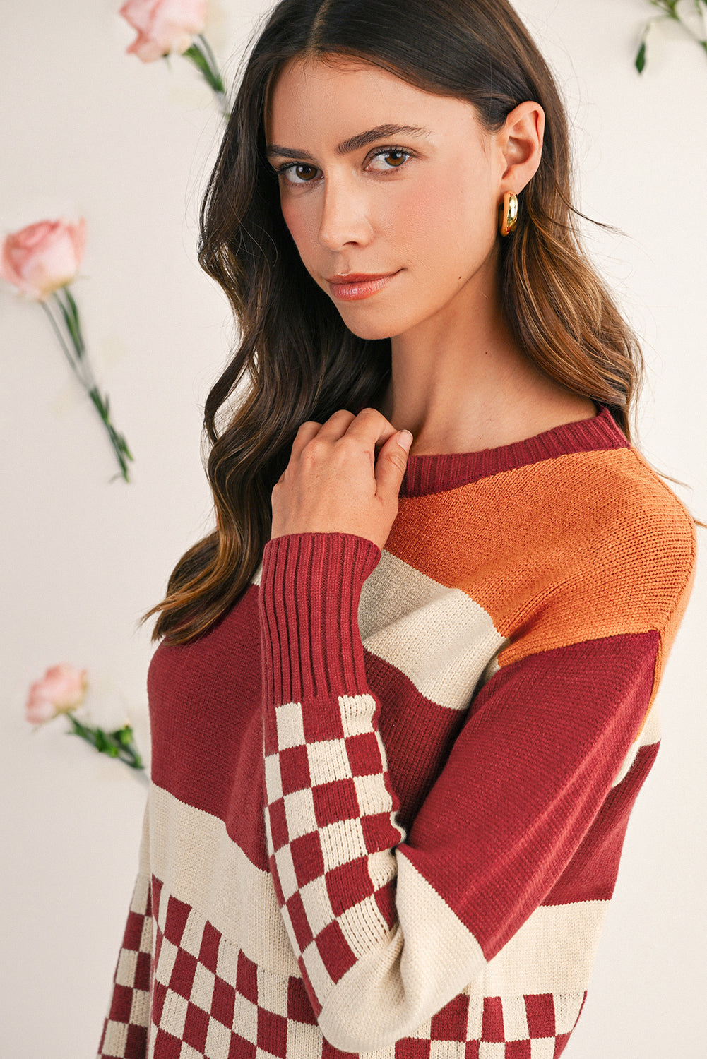 Brown Checkered Colorblock Knitted Drop Shoulder Sweater Sweaters 7d450ef6b2b6e783