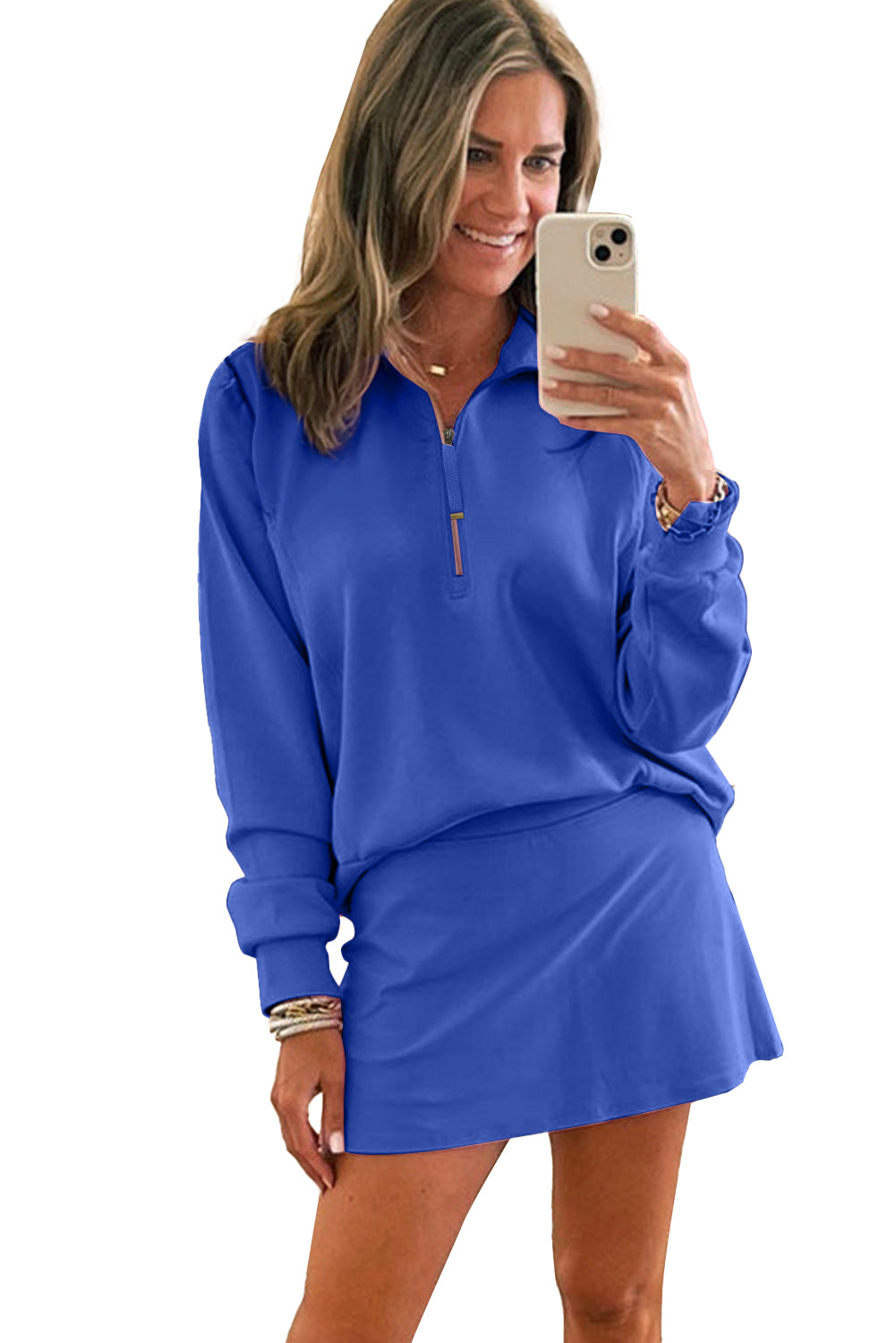 Dark Blue Half Zip Pullover Mini Skirt 2pcs Outfit Two Piece Skirt Sets 7d5a55ad0985febb