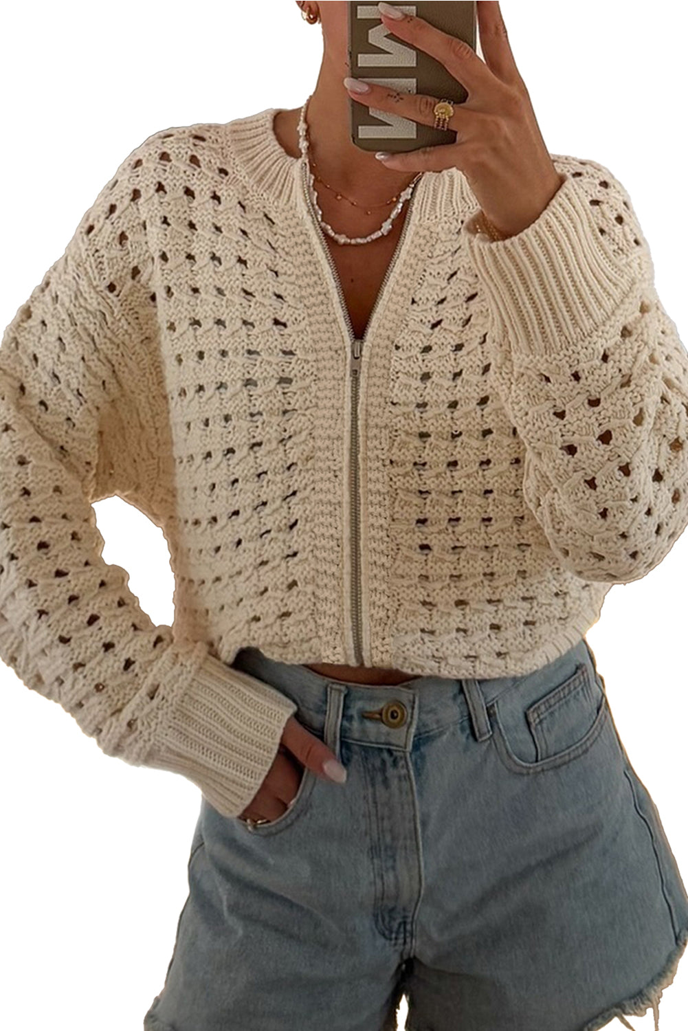 Beige Hollowed Pattern Knit Zip Up Drop Shoulder Cardigan Cardigans 7d65db8ea4ef9474