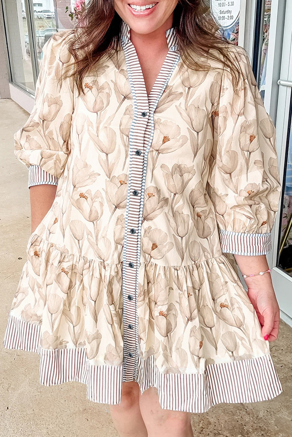 Khaki Plus Size Floral Print Striped Trim Patchwork Button Down A-line Dress Plus Size Mini Dresses 7d7285fd987c0cfa