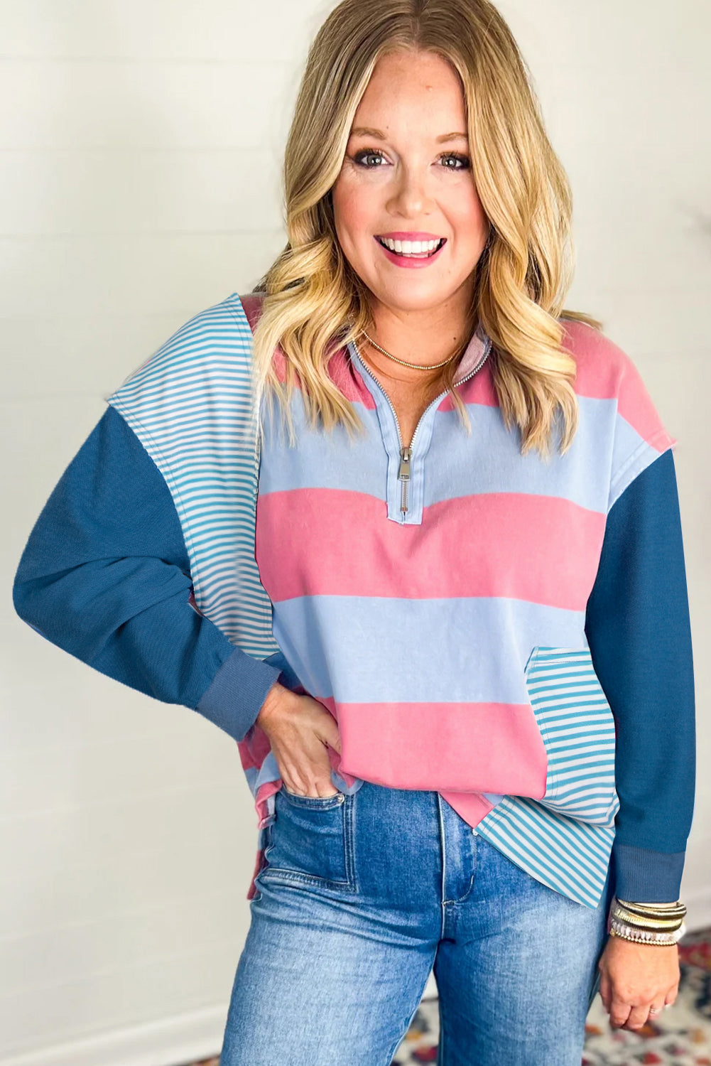 Blue Stripe Colorblock Patchwork Zip-up Plus Size Pullover Plus Size Tops 7d7aee084c316663