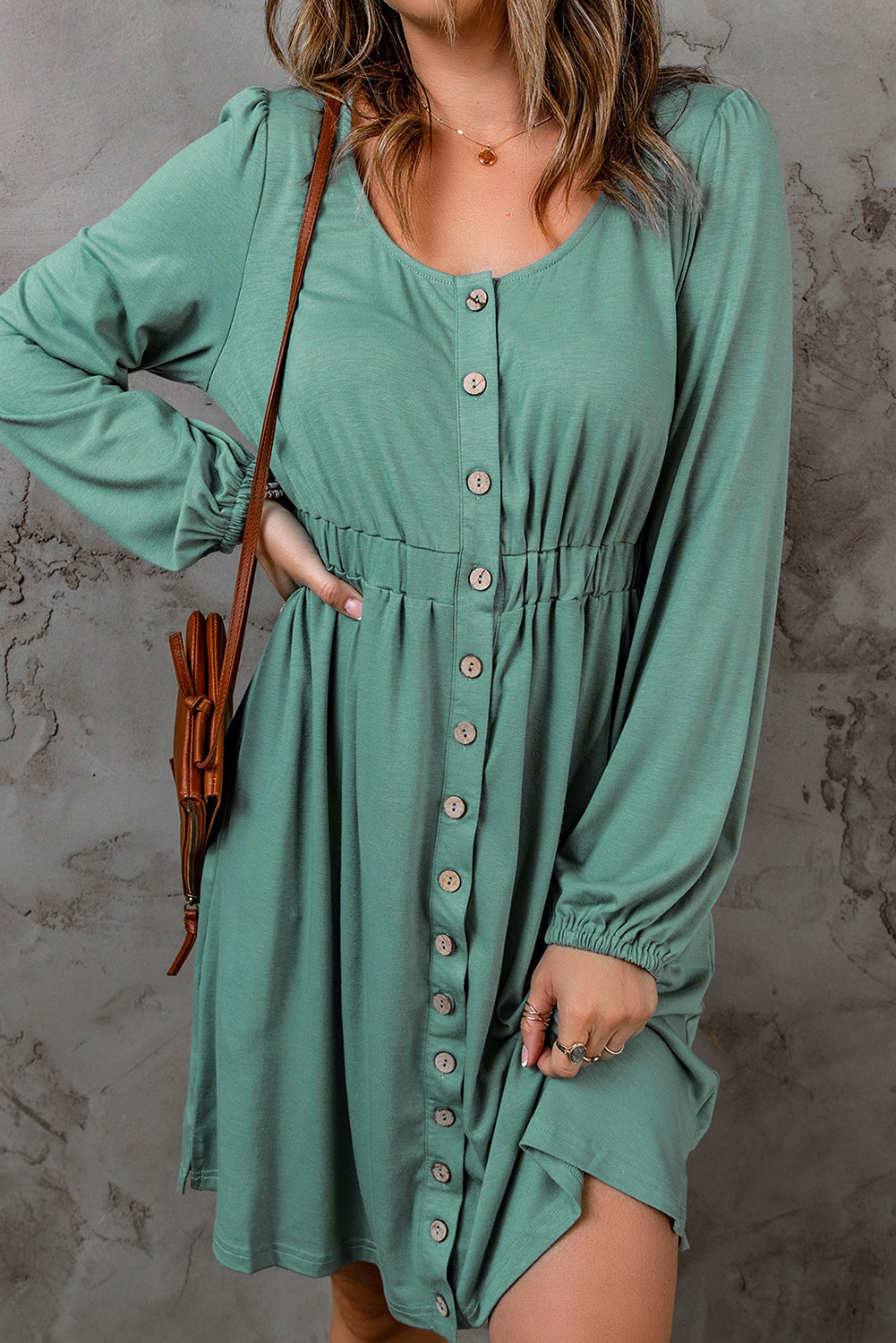Green Casual Button Up Ruched Waist Short Dress Short Dresses 7d89aba5bd769357