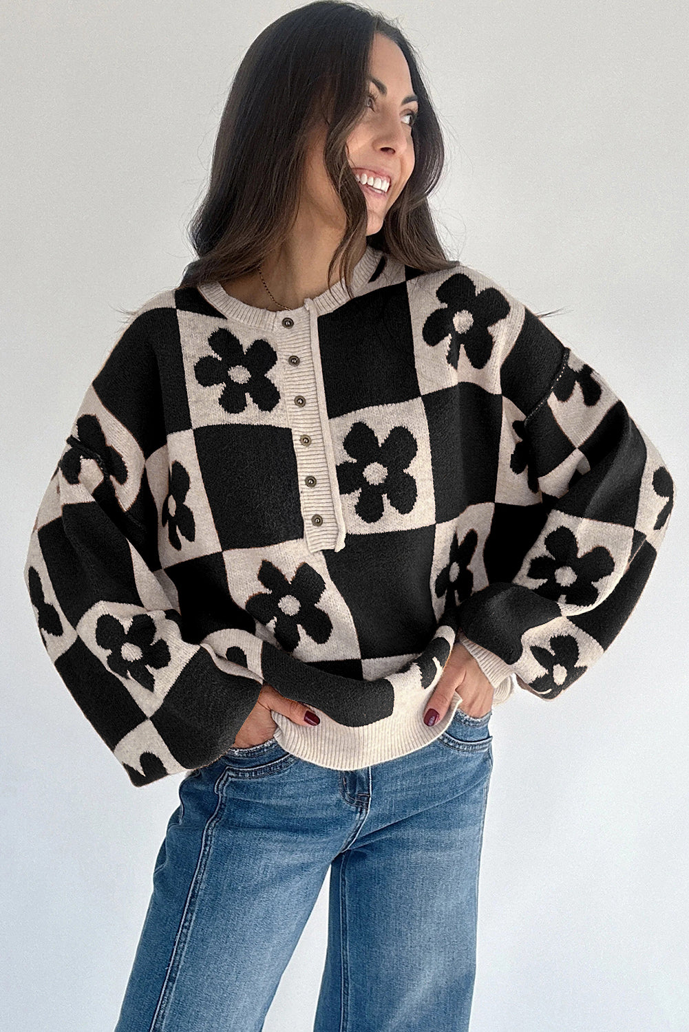 Black Flower Colorblock Checkered Henley Sweater Sweaters 7da07fd242892f42