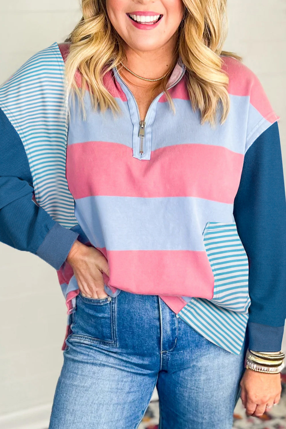 Blue Stripe Colorblock Patchwork Zip-up Plus Size Pullover Plus Size Tops 7dcd0c4da7764f34