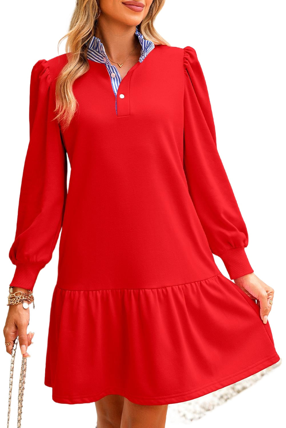 Fiery Red Striped Collar Long Sleeve Ruffle Hem Dress Short Dresses 7e076e2caec56c23