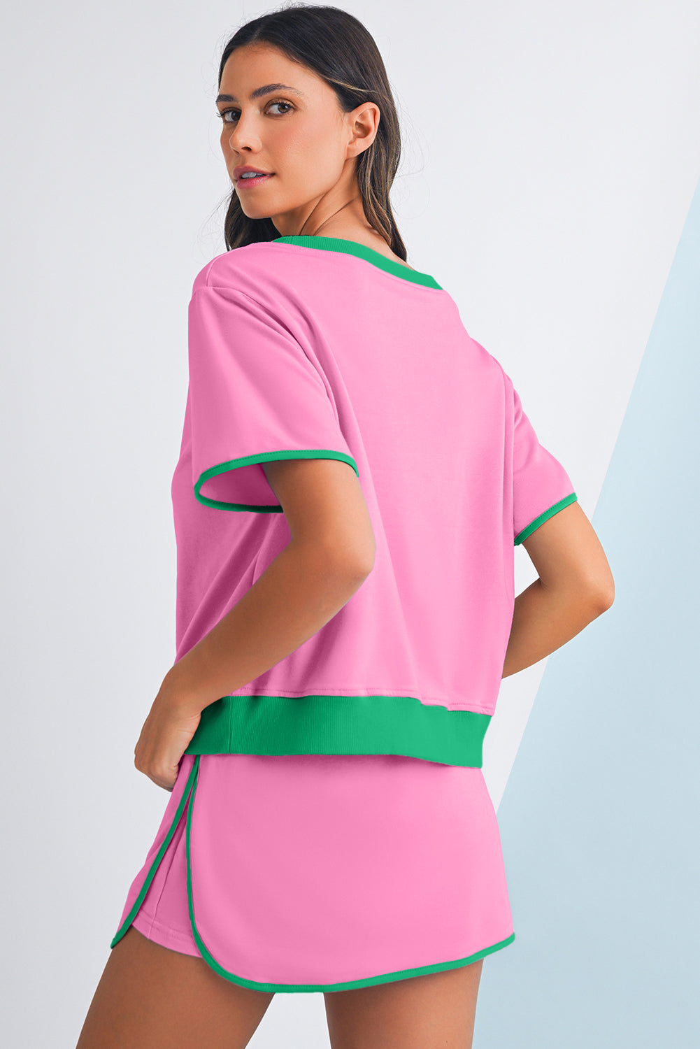 Evergreen Colorblock Edge Drop Shoulder T Shirt and Skort Set Two Piece Shorts Sets 7e6172e2c2f4f768