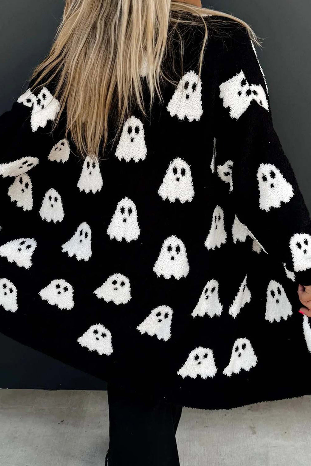 Black Halloween Plaid Ghost Pattern Mid length Knitted Cardigan Cardigans 7e6bd14a83d0568b