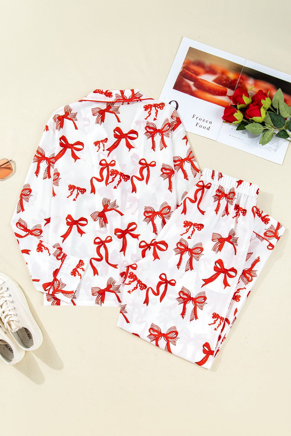 Red Christmas Bow Print Long Sleeve 2pcs Pajama Set Loungewear Set 7eb3e5c828420c9c