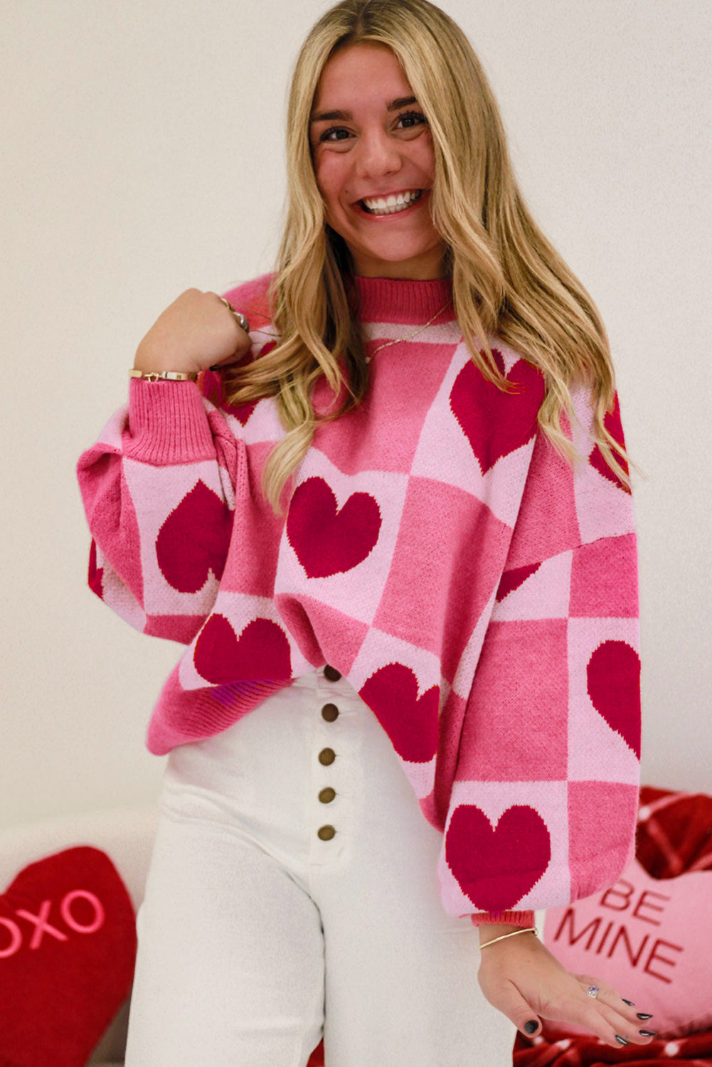 Pink Love Heart Checkered Valentine Knit Sweater Sweaters 7ece7aa5fecb7042