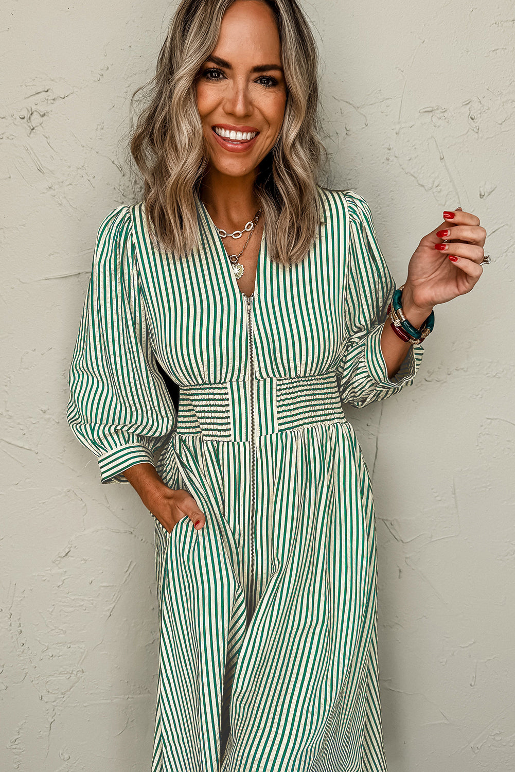 Green Striped V Neck Zip Front Cinched High Waist Midi Dress Midi Dresses 7f0dfce278ab84df