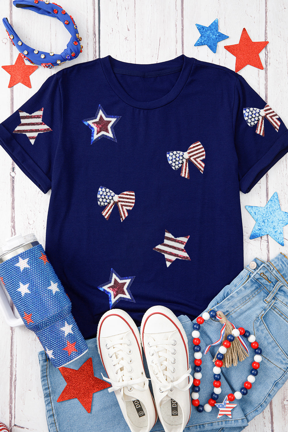 Blue USA Flag Bow Star Sequins Patch Graphic Crewneck T Shirt Graphic Tees 7f557b8c65a7159f