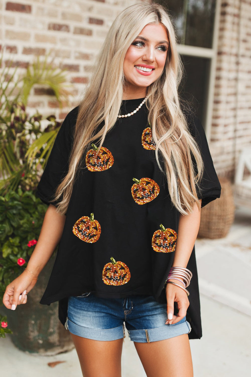 Black Pumpkin Face Sequins Patch Halloween Graphic Tee Graphic Tees 7f59f75eca2b5bbd