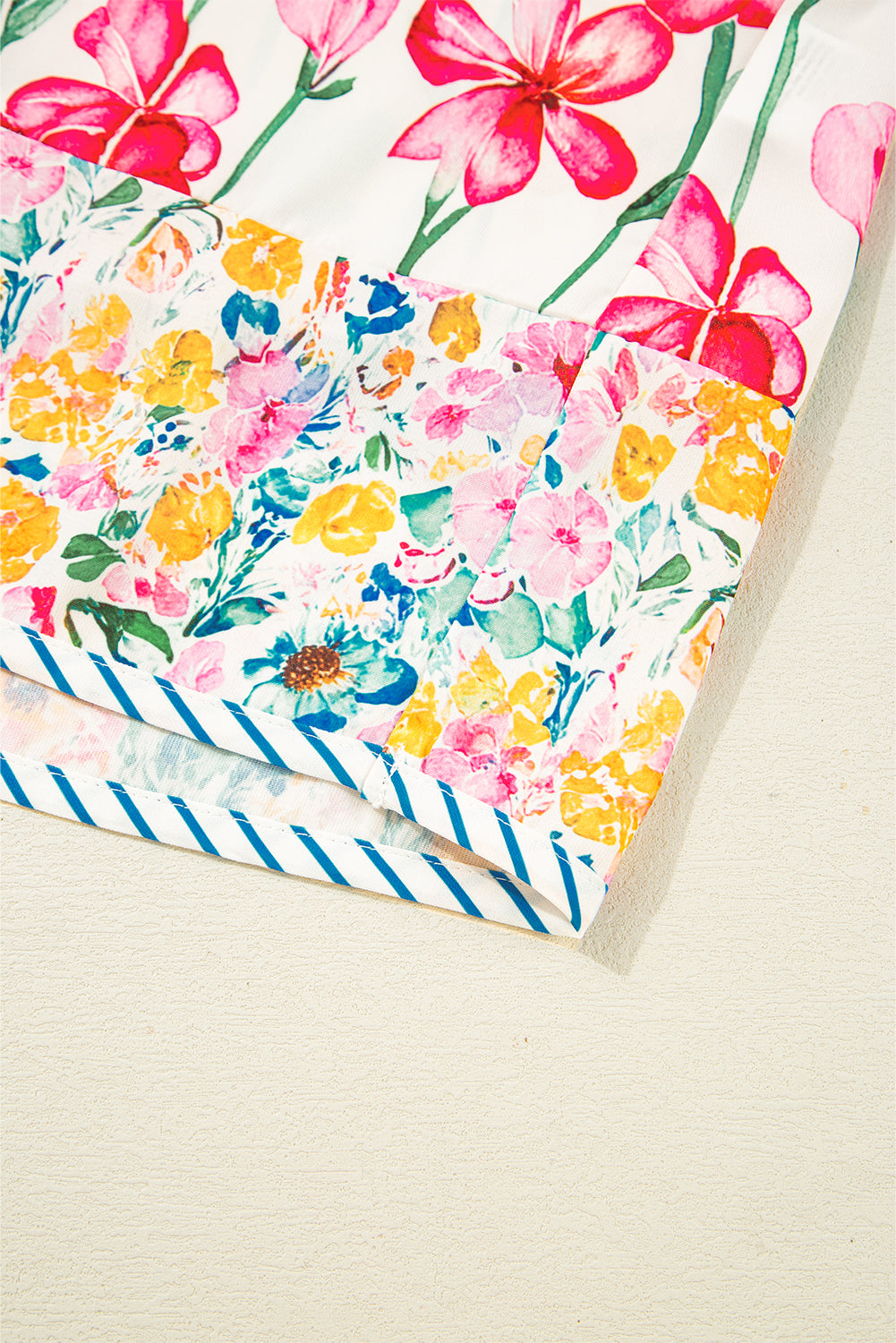 Pink Plus Size Floral Print Striped Trim V Neck Blouse Plus Size Tops 7f9b0d79204bfd8f