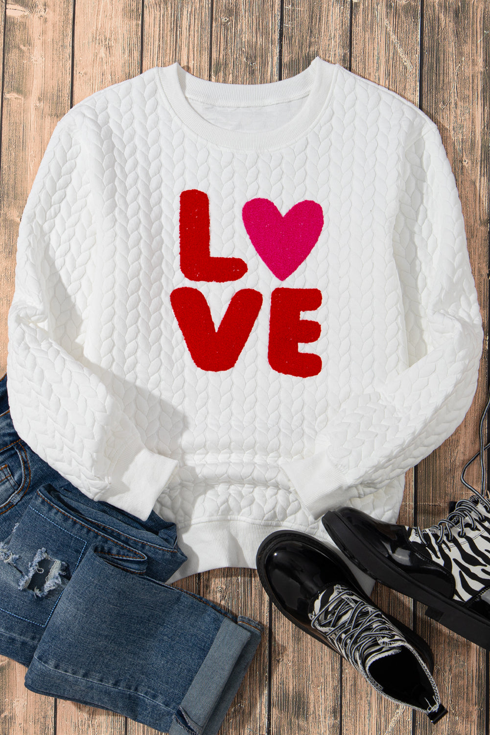 White XOXO Chenille Letter Patch Quilted Sweatshirt Sweatshirts & Hoodies 7faba18ec78ba856