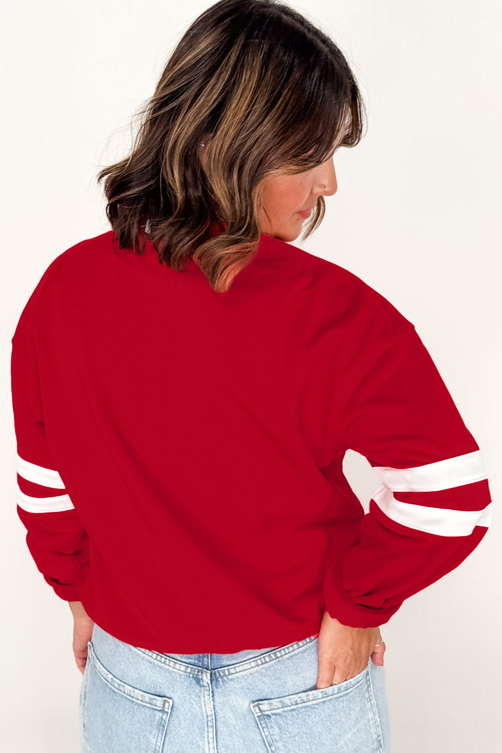 Fiery Red Varsity Striped Detail Plus Size Round Neck Sweatshirt Plus Size Tops 7fb049d71cf3143c