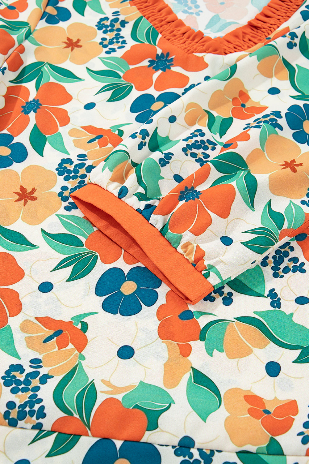 Orange Frilled V Neck Floral Print Bracelet Sleeve Blouse Blouses 7fbc3f1743f7a103
