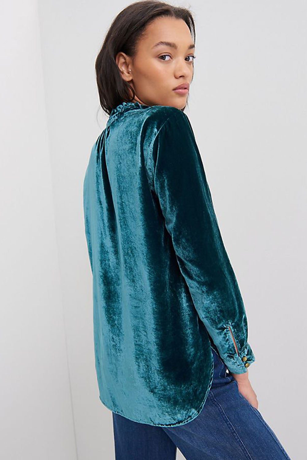 Green Frilled Neck Buttoned Front Velvet Top Long Sleeve Tops 7fd9a86efcea441b