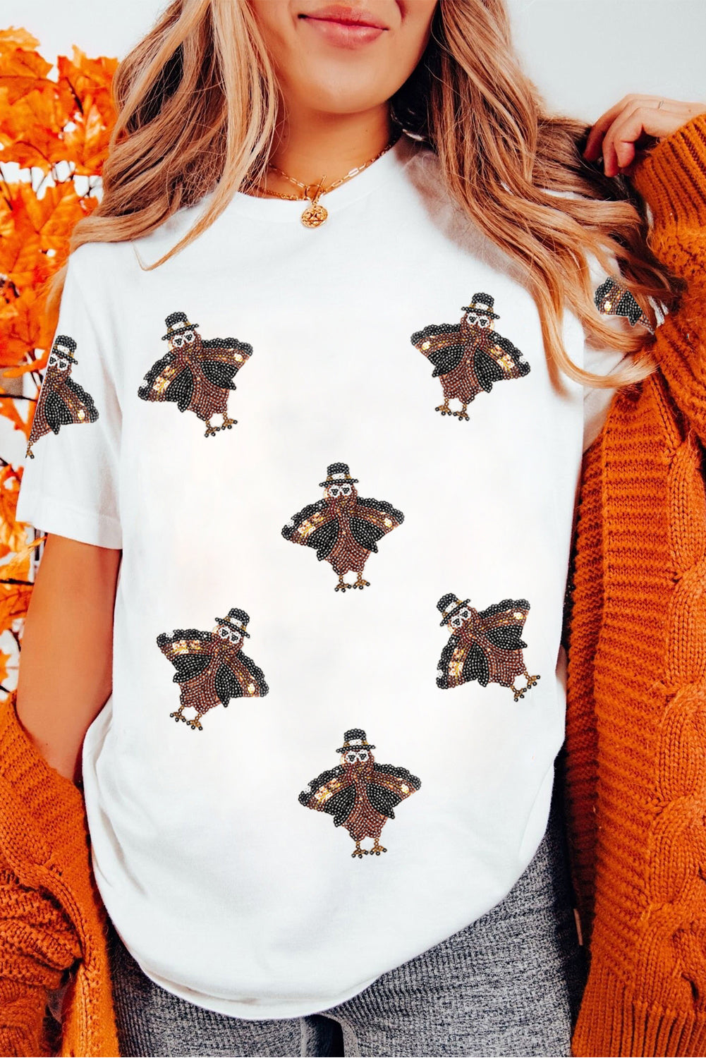 White Turkey Sequin Patch Application Round Neck Graphic Tee Graphic Tees 7fde031cf31af09b
