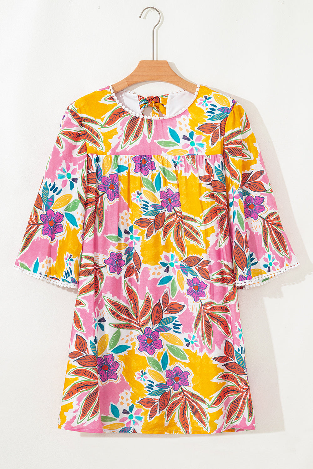 Pink Tropical Floral Bell Sleeve Loose Mini Dress Short Dresses 80105773eaa82903