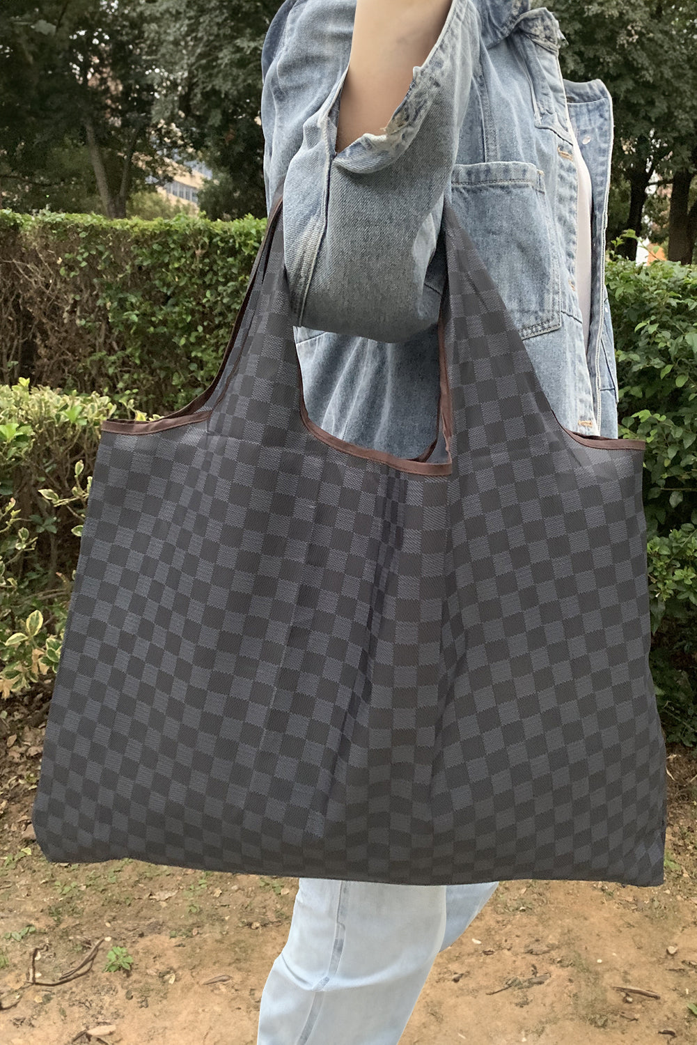 Black Checkered Print Large Foldable Tote Bag Tote Bags 8021799f3b60f6ef