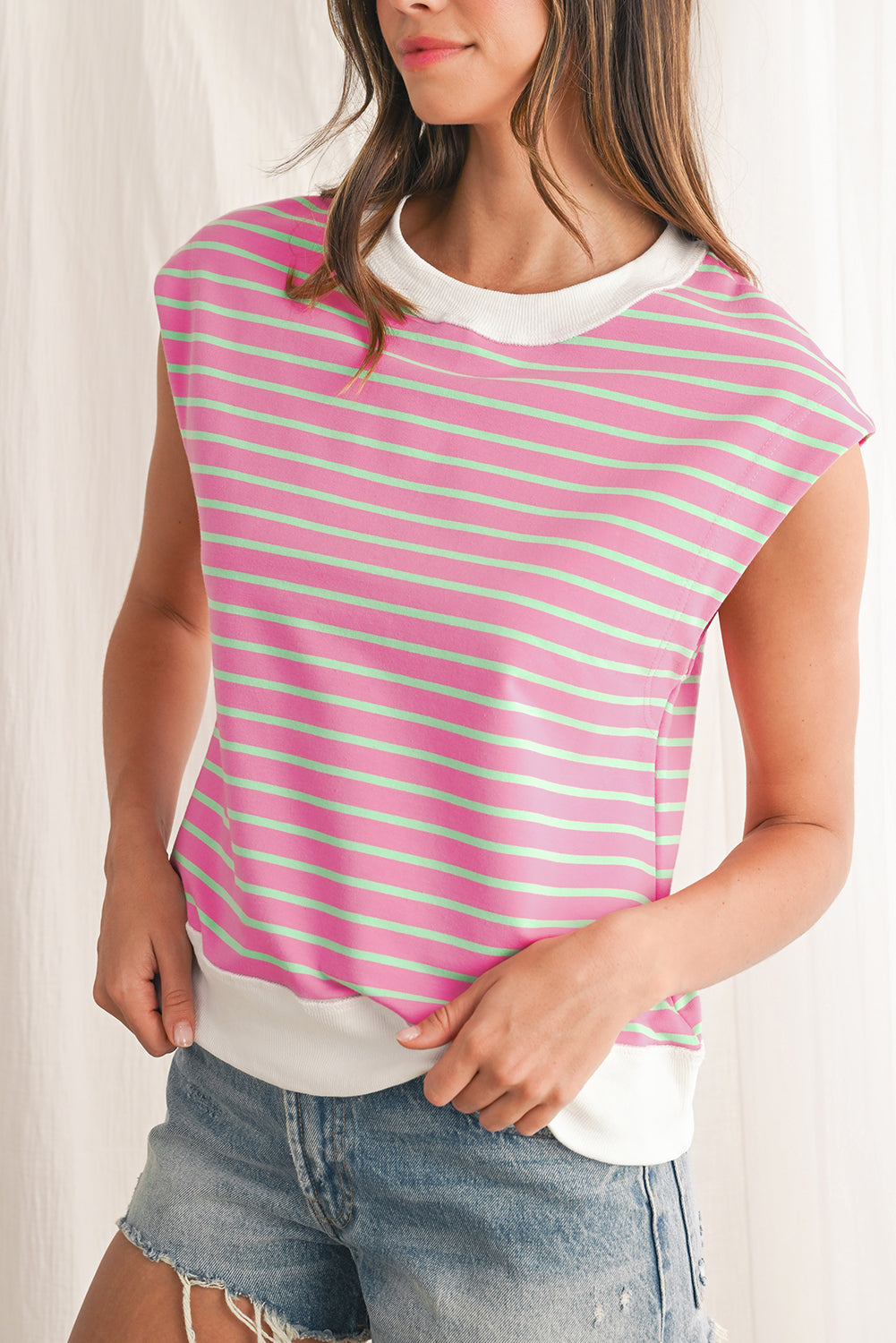 Sachet Pink Striped Contrast Trim Top T Shirts 803767c0539203e3