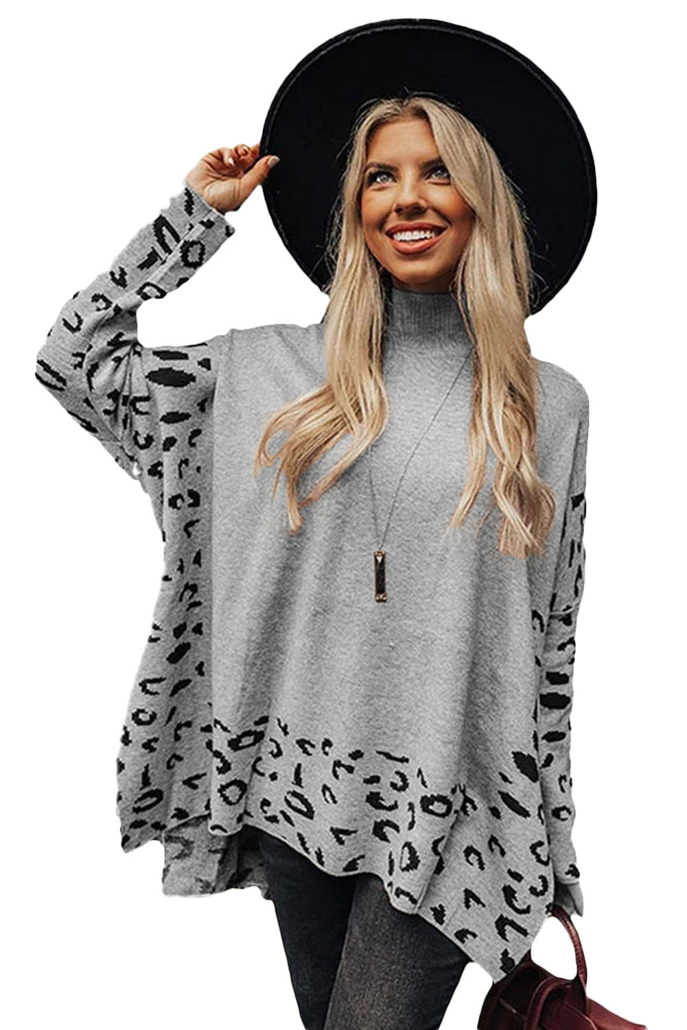 Gray Leopard Casual Side Slit High Neck Oversized Sweater Sweaters 8042c53566cb42bf