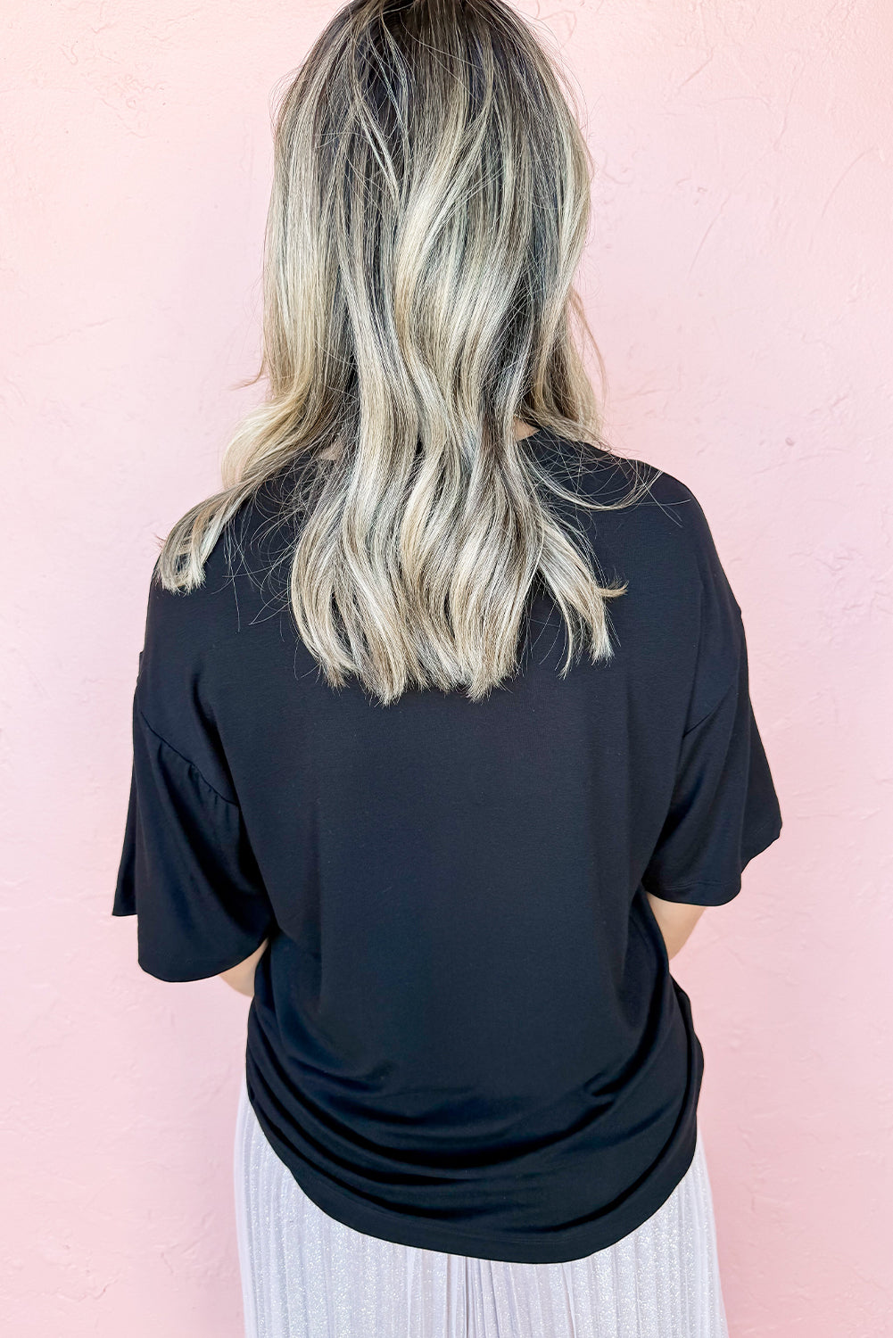 Black Cheerful Sequin Bow Patched Game Day T Shirt Graphic Tees 8050dd1aa1efb590