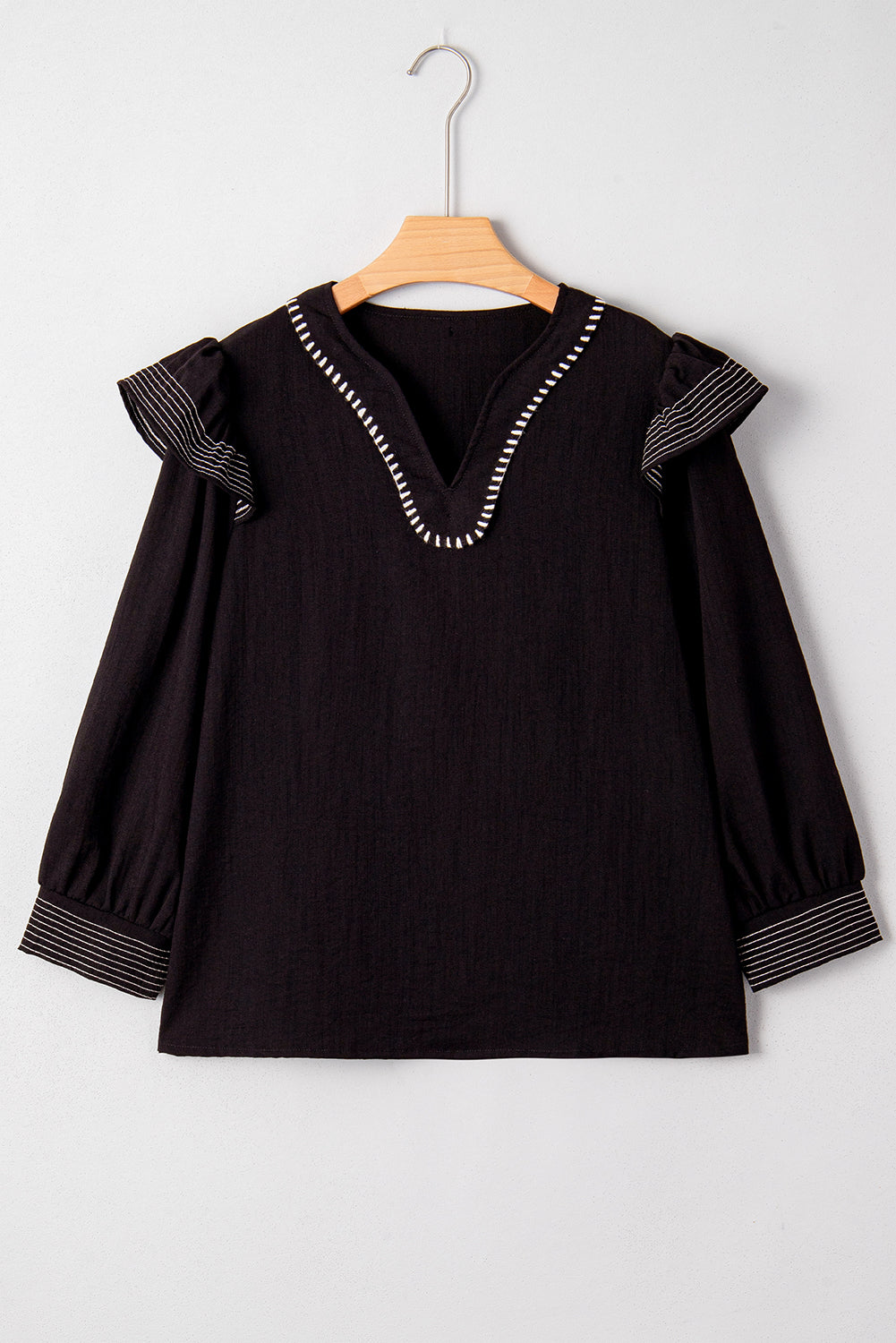 Black Contrast Stitched Detail V Neck Ruffle Long Sleeve Blouse Blouses 805351842e217f21