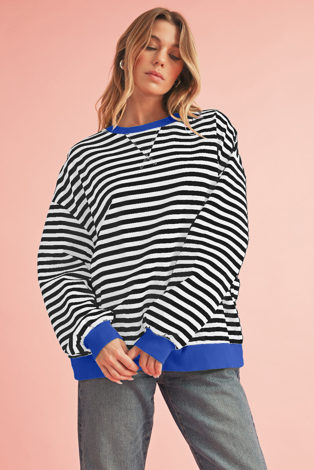 Blue Stripe Contrast Edge Cross Seam Oversized Pullover Sweatshirts & Hoodies 8082024b0fd53e37