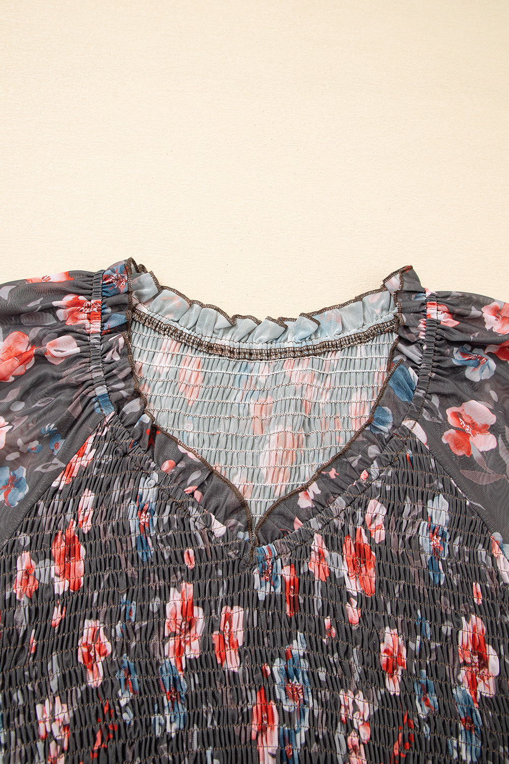 Brown Frilly Smocked Bodice Floral Mesh Long Sleeve Mini Dress Short Dresses 80ce94e20c6d42e0