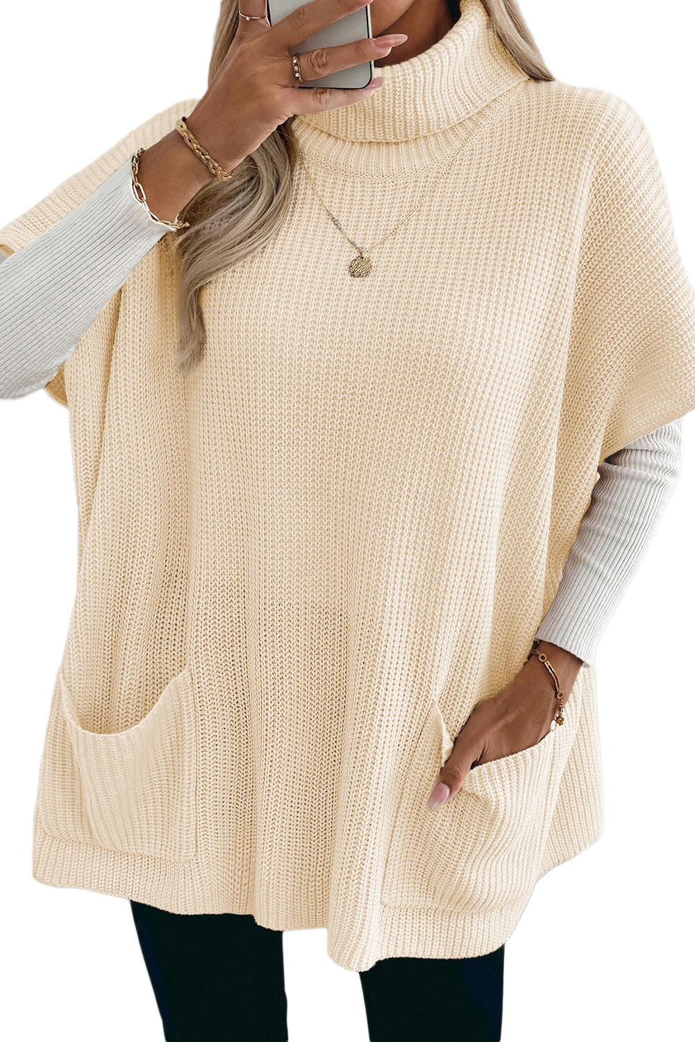 Jet Stream Plain Knit Casual Turtleneck Short Sleeve Tunic Sweater with Pockets Sweaters 80e6e9968b675b67