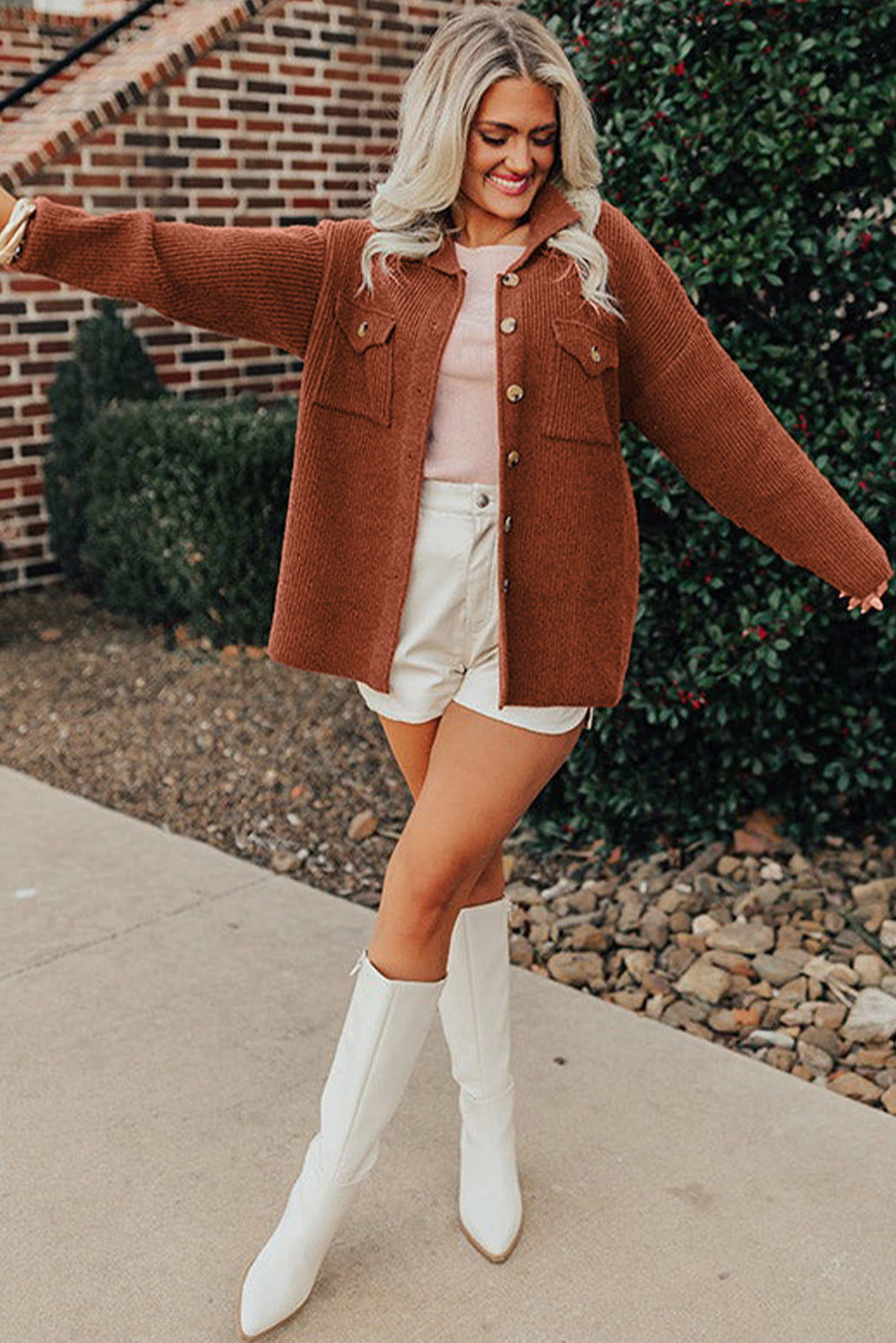 Medium Grey Ribbed Knit Buttons Front Flap Pocket Casual Shacket Jackets 812ba28203a7d2ad