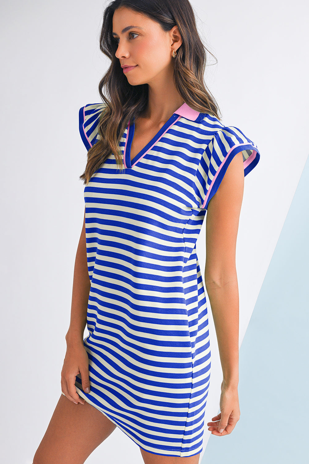 Dark Blue Striped Ruffle Short Sleeve Pop of Color Neckline Dress Short Dresses 818ff8d82975076a