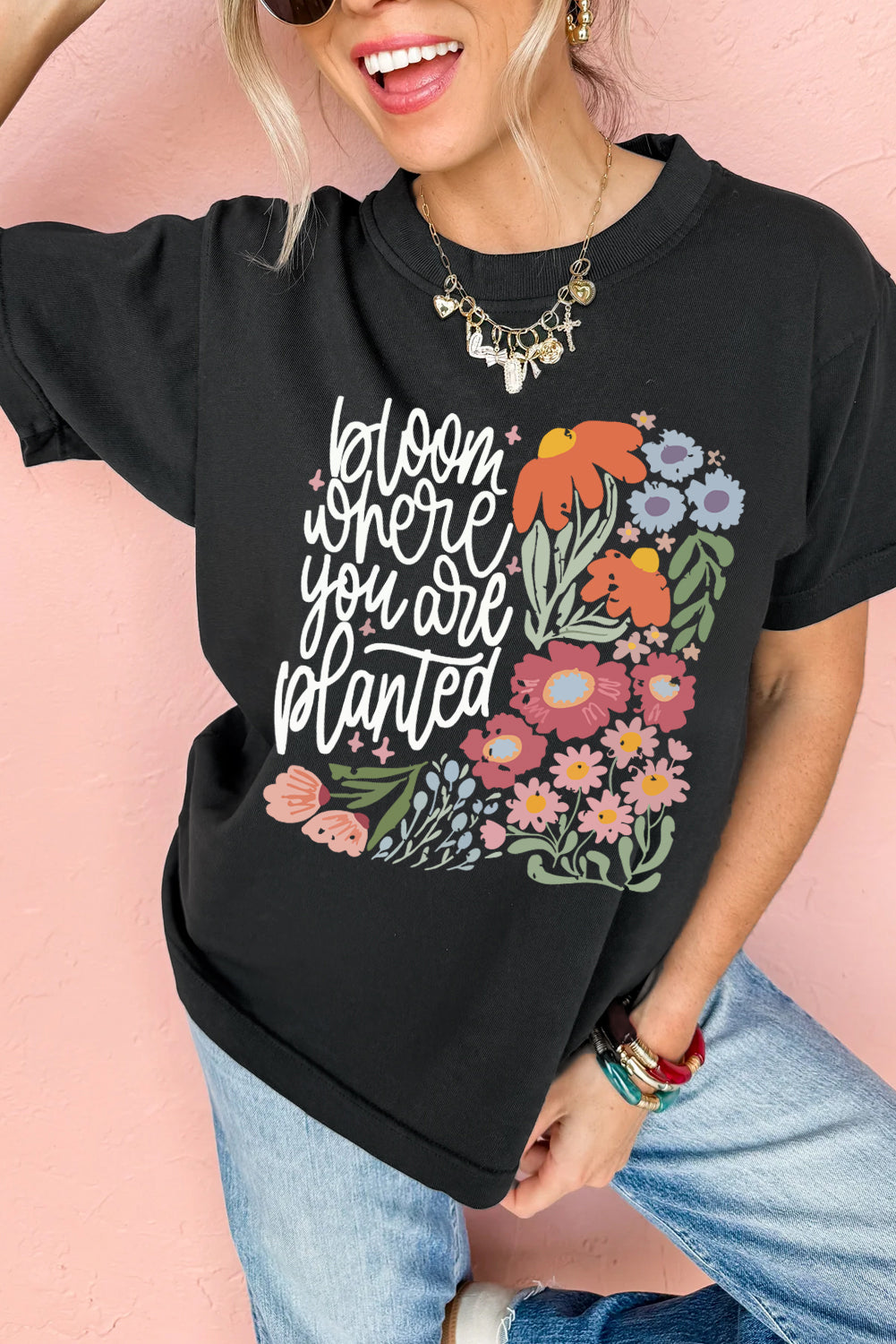 Black bloom where you are planted Floral Heat Transfer Printing T Shirt Graphic Tees 819a21024db3b3ca