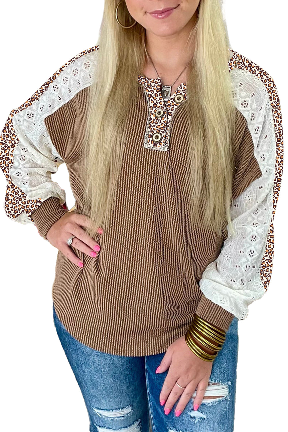 Dark Khaki Texture Patchwork Lace Sleeve Leopard Henley Top Long Sleeve Tops 81fb3cdeadec22b9
