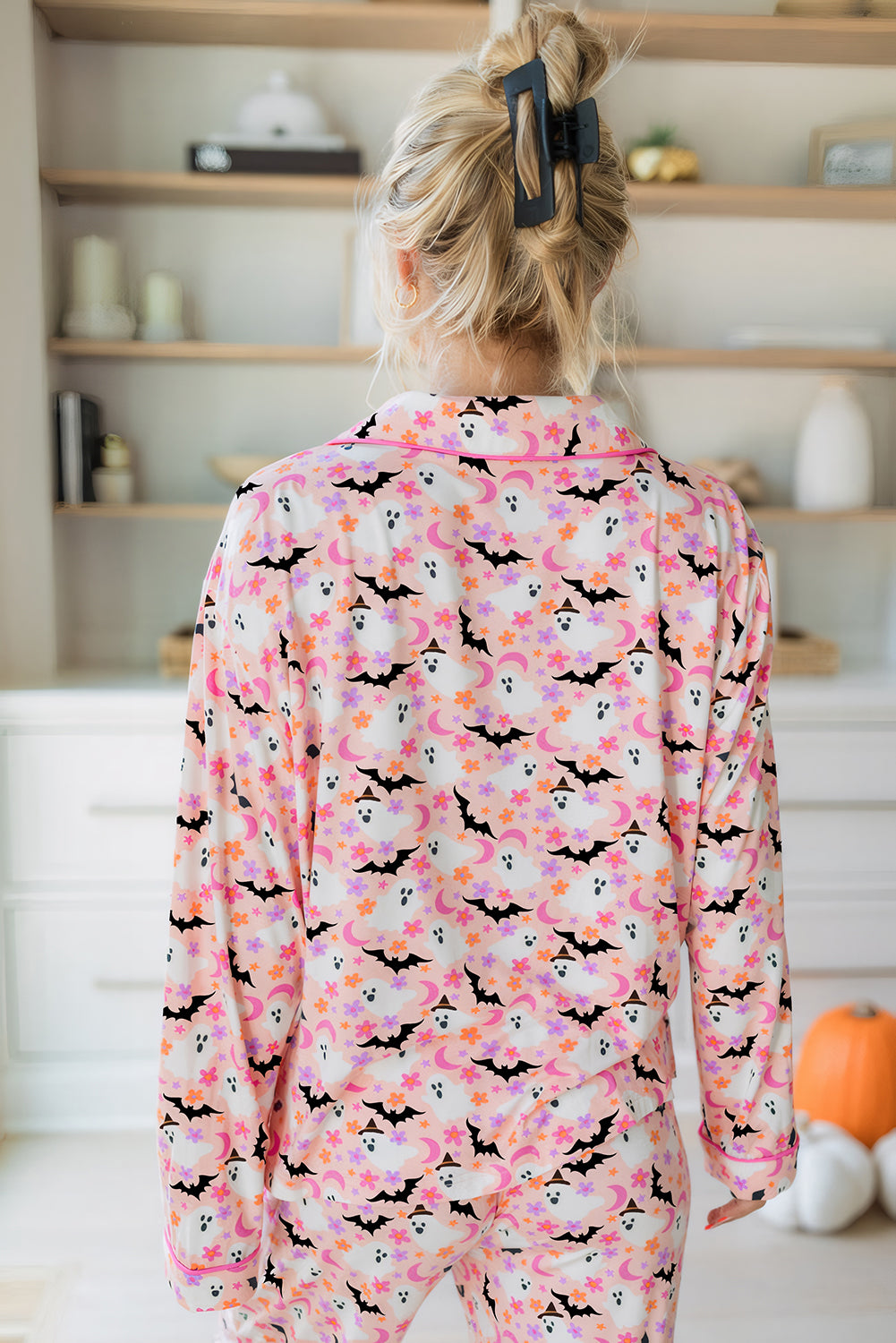 Pink Cute Floral Halloween Ghost Print Long Pajama Set Loungewear Set 820c8f7f2d1f9a4b