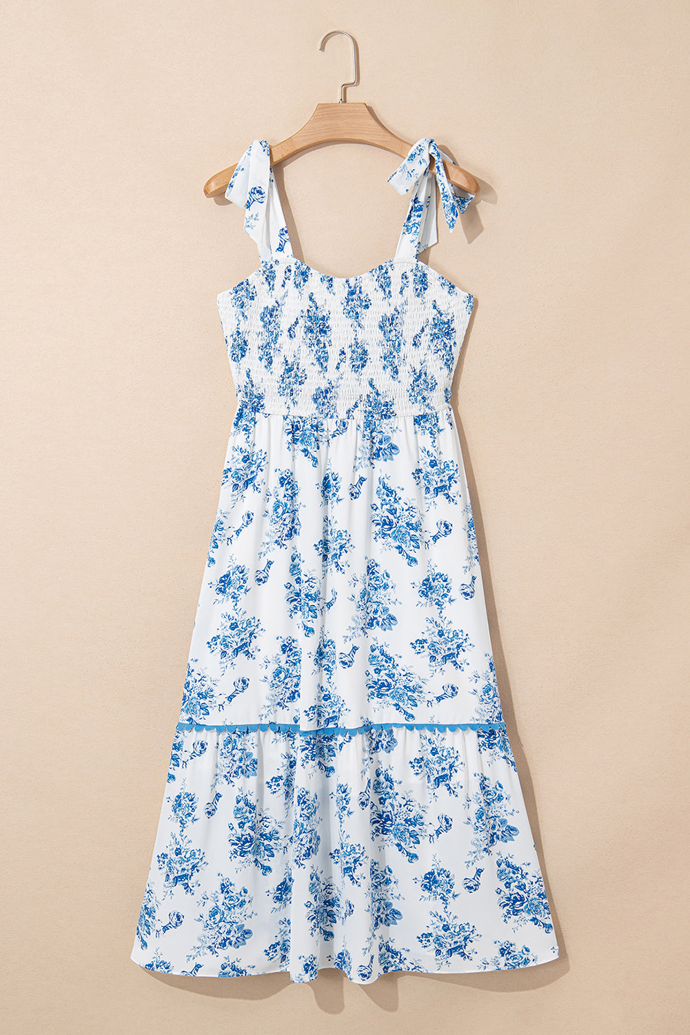 Sky Blue Floral Print Smocked Knot Shoulder Sleeveless Midi Dress Midi Dresses 82343a28cf729e02