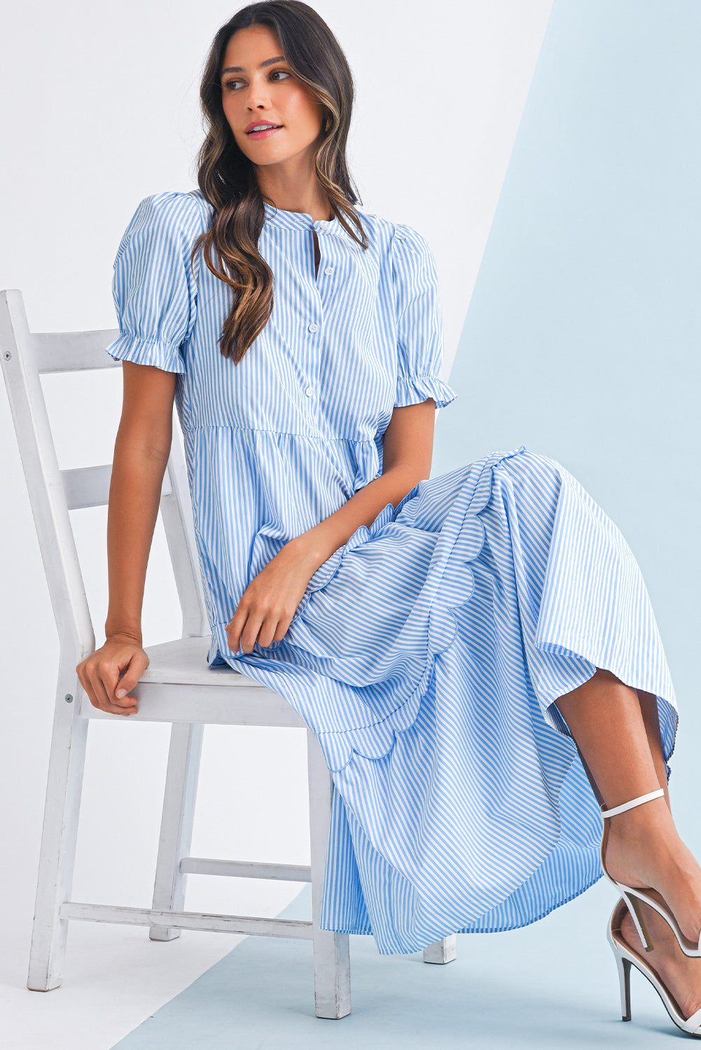 Sky Blue Stripe Bubble Sleeve Scallop Tiered Dress Maxi Dresses 823a2a475300b3ae