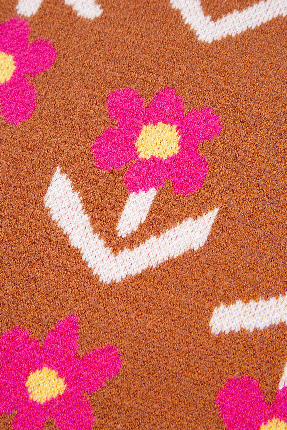 Brown Floral Pattern Short Puff Sleeve Sweater Short Sleeve Sweater 824e9cddeaf09f79