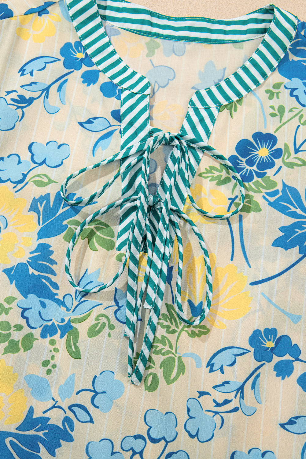 Blue Floral Print Striped Trim Puff Sleeve Mini Dress Short Dresses 8276aa098bec1b47