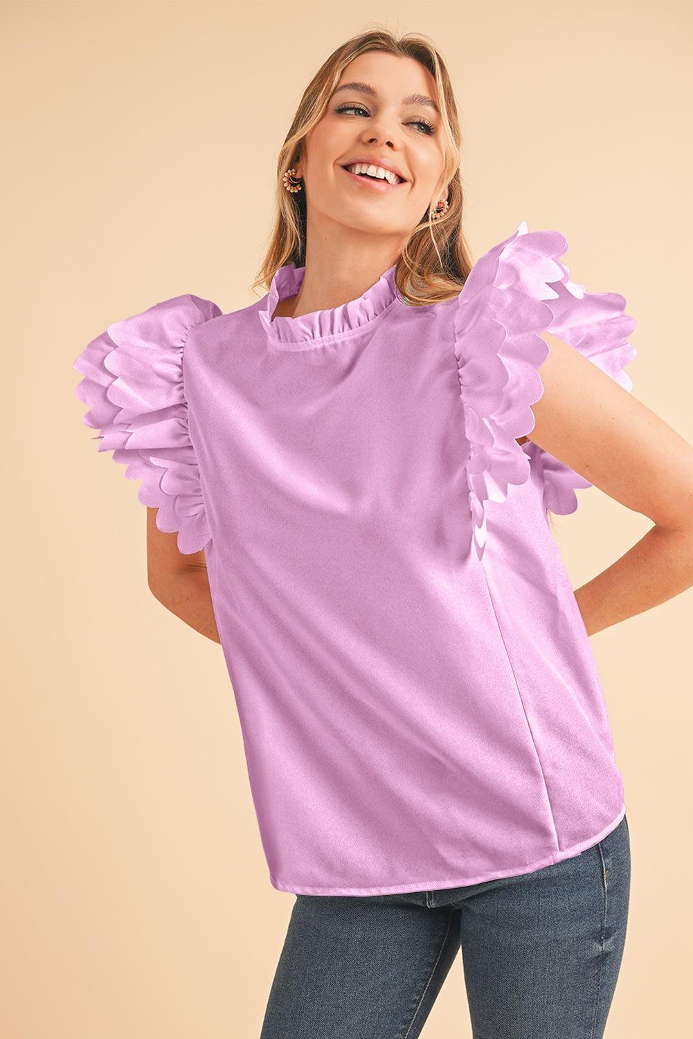 Bright Pink Solid Scalloped Ruffle Sleeve Blouse Blouses 82773cd3bd9c18f1