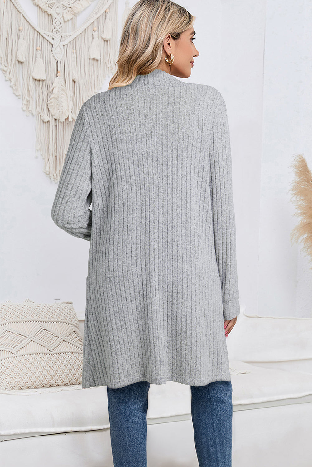 Gray Ribbed Knit Open Front Tunic Cardigan with Pockets Cardigans 82bcfc515a4cb887