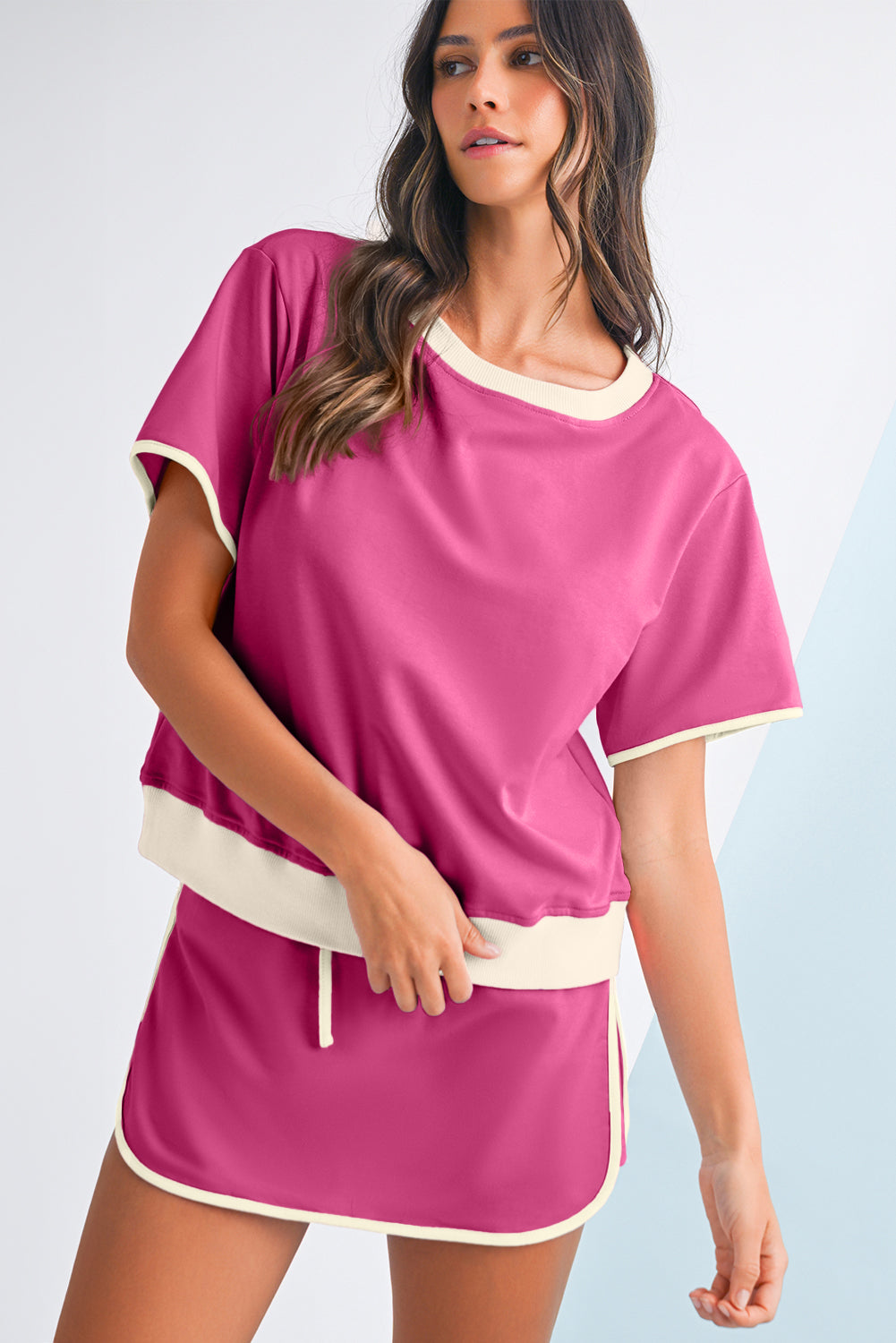 Evergreen Colorblock Edge Drop Shoulder T Shirt and Skort Set Two Piece Shorts Sets 82cfbf09d2b45a72
