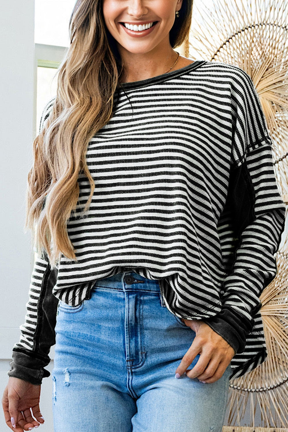 Khaki Stripe Patchwork Knit Drop Shoulder Top Long Sleeve Tops 82ed19fffb97de21