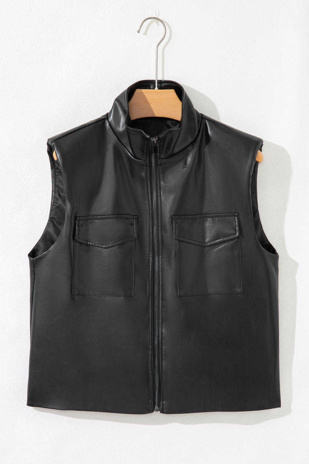 Black Double Flap Pocket Faux Leather Zip Up Stand Neck Vest Jackets 82f0df8b2300fbf2