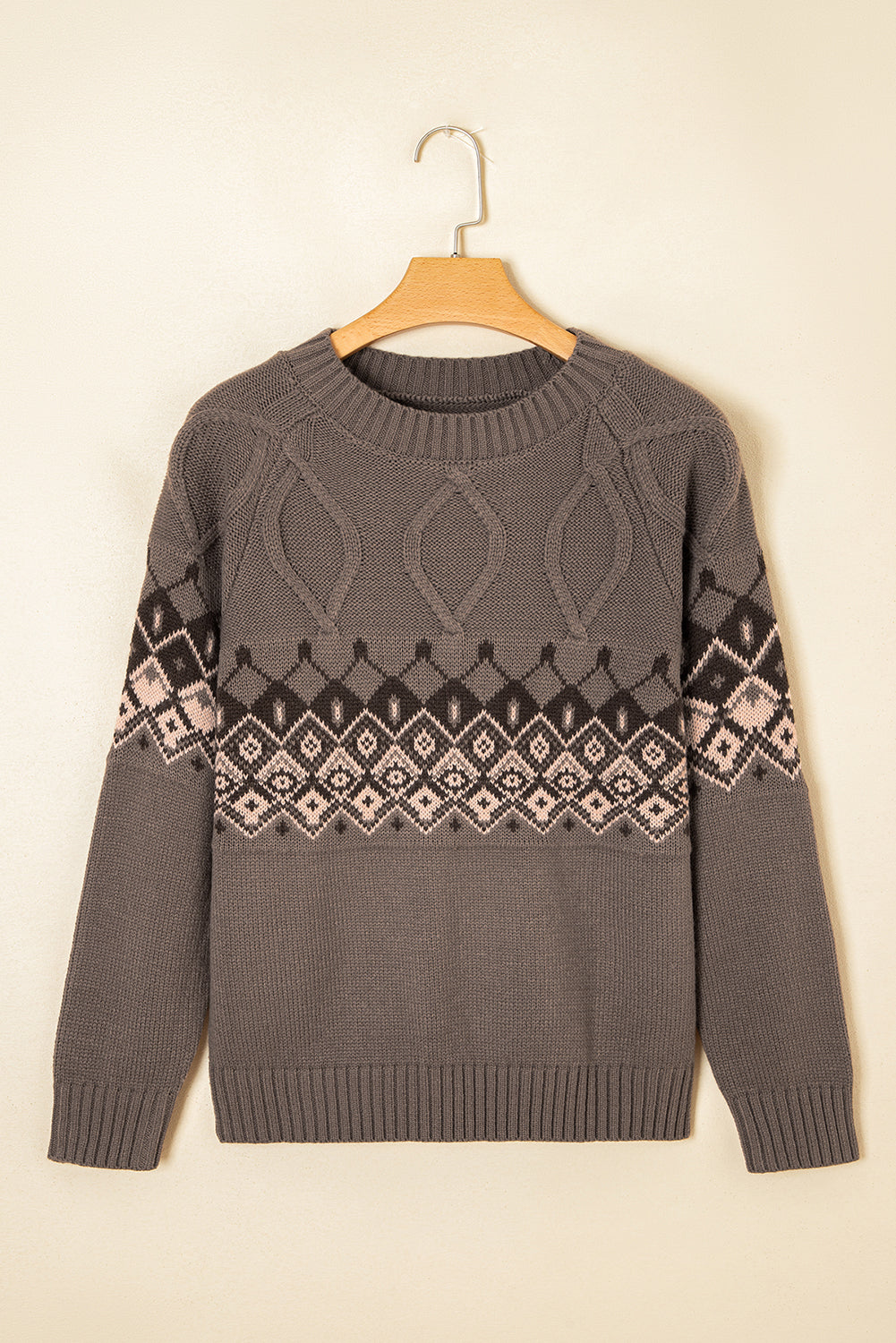 Light French Beige Geometric Pattern Crew Neck Knitted Sweater Sweaters 831032c05b66917e
